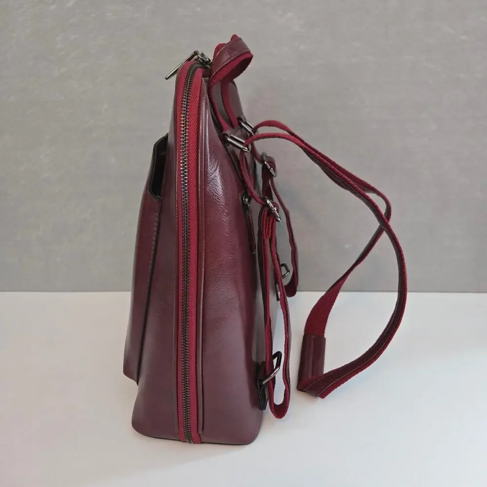 Backpack Mid-Size Burgundy Hard Shell Faux Leather Zipper Closure Adj Straps NEW